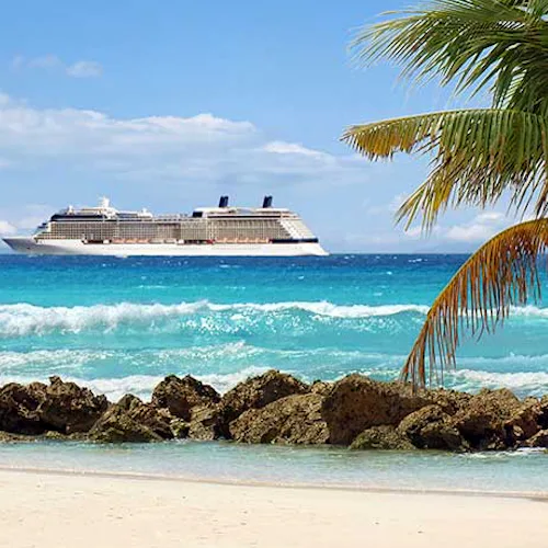 Caribbean beach with cruise ship at sea